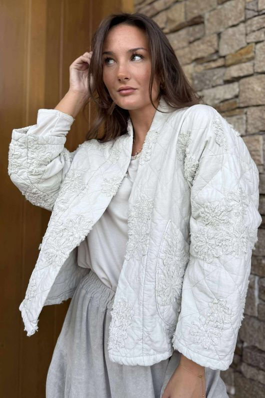 Cabbage Rose Cotton Quilted Jacket Stone /12 =